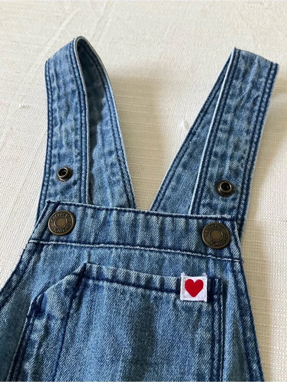 CARTER’S Baby 3 Month Blue Denim Jean Short Overalls with Heart Patch